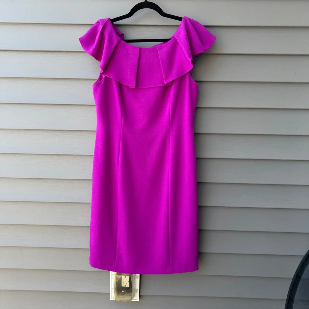 Antonio Melani Tailored Sheath Dress Size 10 Purple Ruffle Off-Shoulder - Picture 1 of 15